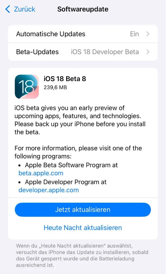 富蕴苹果手机维修分享苹果 iOS / iPadOS 18 开发者预览版 Beta 8 发布 